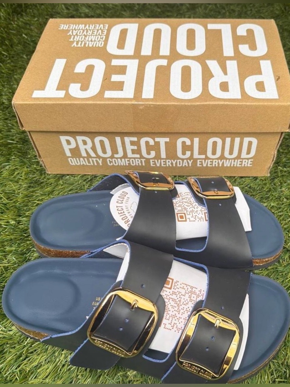 Project Cloud Santorini Navy Double Buckle Slide Sandals 7.5 NWT